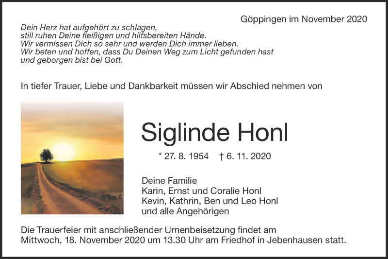  Traueranzeige für Siglinde Honl vom 14.11.2020 aus NWZ Neue Württembergische Zeitung