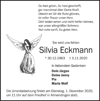 Traueranzeige von Silvia Eckmann von SÜDWEST PRESSE Ausgabe Ulm/Neu-Ulm