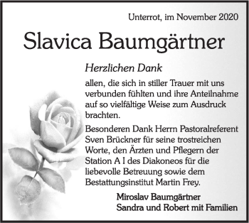 Traueranzeige von Slavica Baumgärtner von Rundschau Gaildorf