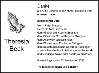 Traueranzeige von Theresia Beck von Hohenzollerische Zeitung