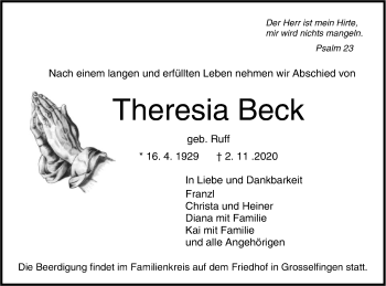 Traueranzeige von Theresia Beck von Hohenzollerische Zeitung