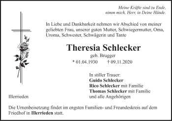 Traueranzeige von Theresia Schlecker von Illertal Bote