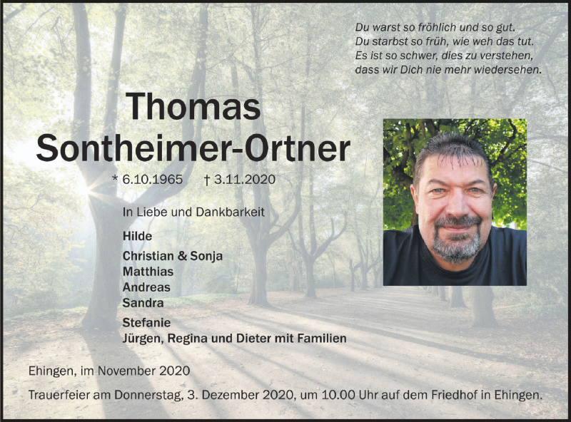  Traueranzeige für Thomas Sontheimer-Ortner vom 14.11.2020 aus Ehinger Tagblatt