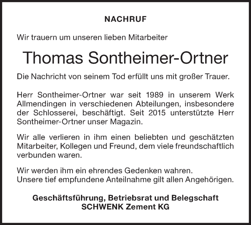  Traueranzeige für Thomas Sontheimer-Ortner vom 18.11.2020 aus Ehinger Tagblatt