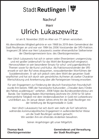 Traueranzeige von Ulrich Lukaszewitz von Metzinger-Uracher Volksblatt