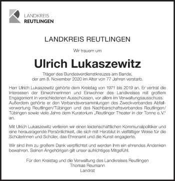 Traueranzeige von Ulrich Lukaszewitz von Metzinger-Uracher Volksblatt