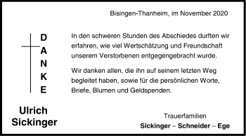 Traueranzeige von Ulrich Sickinger von Hohenzollerische Zeitung