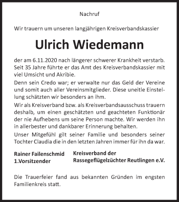 Traueranzeige von Ulrich Wiedemann von Metzinger-Uracher Volksblatt