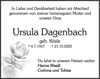 Traueranzeige von Ursula Dagenbach von Rundschau Gaildorf