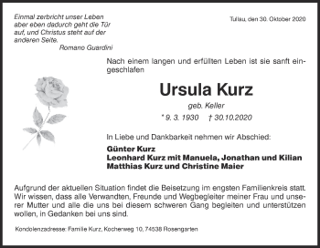 Traueranzeige von Ursula Kurz von Haller Tagblatt