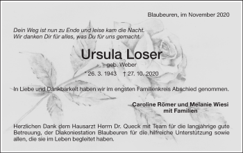 Traueranzeige von Ursula Loser von SÜDWEST PRESSE Ausgabe Ulm/Neu-Ulm