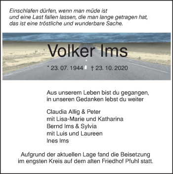 Traueranzeige von Volker Ims von SÜDWEST PRESSE Ausgabe Ulm/Neu-Ulm