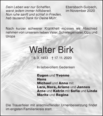 Traueranzeige von Walter Birk von NWZ Neue Württembergische Zeitung