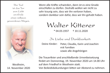 Traueranzeige von Walter Kitterer von Haller Tagblatt