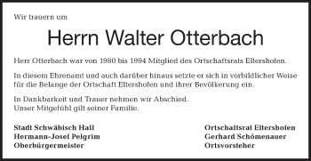 Traueranzeige von Walter Otterbach von Haller Tagblatt