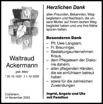 Traueranzeige von Waltraud Ackermann von Hohenloher Tagblatt