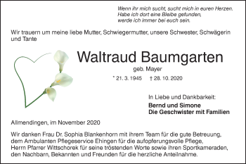 Traueranzeige von Waltraud Baumgarten von Ehinger Tagblatt