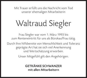 Traueranzeige von Waltraud Siegler von Haller Tagblatt