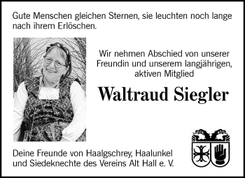 Traueranzeige von Waltraud Siegler von Haller Tagblatt