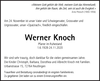 Traueranzeige von Werner Knoch von Metzinger-Uracher Volksblatt