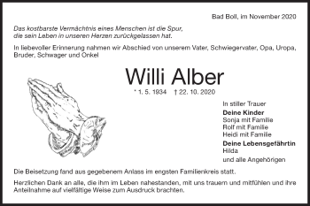 Traueranzeige von Willi Alber von NWZ Neue Württembergische Zeitung