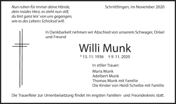 Traueranzeige von Willi Munk von NWZ Neue Württembergische Zeitung/Geislinger Zeitung