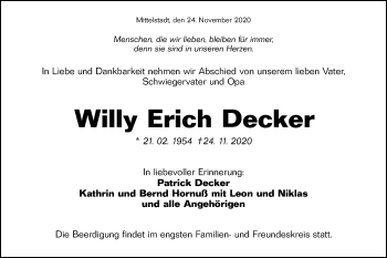 Traueranzeige von Willy Decker von Metzinger-Uracher Volksblatt