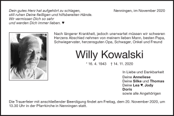 Traueranzeige von Willy Kowalski von NWZ Neue Württembergische Zeitung