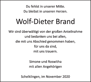 Traueranzeige von Wolf-Dieter Brand von Ehinger Tagblatt