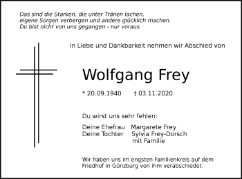 Traueranzeige von Wolfgang Frey von SÜDWEST PRESSE Ausgabe Ulm/Neu-Ulm