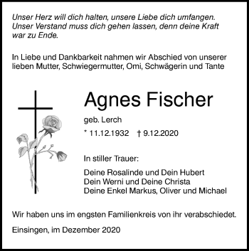 Traueranzeige von Agnes Fischer von SÜDWEST PRESSE Ausgabe Ulm/Neu-Ulm