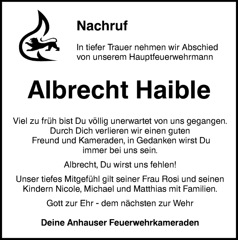  Traueranzeige für Albrecht Haible vom 17.12.2020 aus Alb-Bote/Metzinger-Uracher Volksblatt