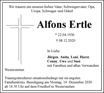 Traueranzeige von Alfons Ertle von SÜDWEST PRESSE Ausgabe Ulm/Neu-Ulm