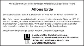 Traueranzeige von Alfons Ertle von SÜDWEST PRESSE Ausgabe Ulm/Neu-Ulm