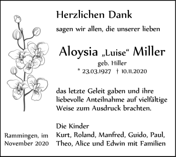 Traueranzeige von Aloysia Miller von SÜDWEST PRESSE Ausgabe Ulm/Neu-Ulm