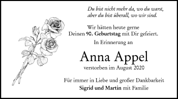 Traueranzeige von Anna Appel von SÜDWEST PRESSE Ausgabe Ulm/Neu-Ulm