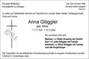 Traueranzeige von Anna Glöggler von SÜDWEST PRESSE Ausgabe Ulm/Neu-Ulm