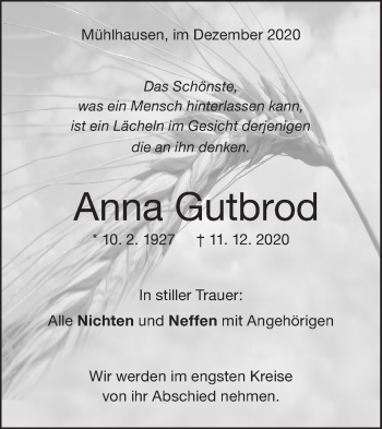 Traueranzeige von Anna Gutbrod von Geislinger Zeitung