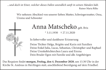 Traueranzeige von Anna Matscheko von SÜDWEST PRESSE Ausgabe Ulm/Neu-Ulm