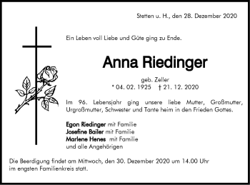 Traueranzeige von Anna Riedinger von Hohenzollerische Zeitung