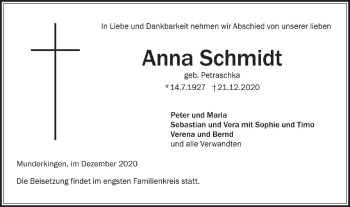 Traueranzeige von Anna Schmidt von Ehinger Tagblatt