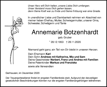 Traueranzeige von Annemarie Botzenhardt von SÜDWEST PRESSE