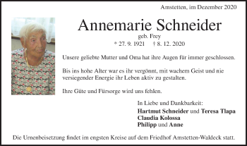 Traueranzeige von Annemarie Schneider von Geislinger Zeitung