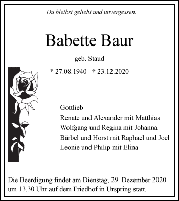 Traueranzeige von Babette Baur von SÜDWEST PRESSE Ausgabe Ulm/Neu-Ulm