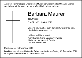 Traueranzeige von Barbara Maurer von SÜDWEST PRESSE Ausgabe Ulm/Neu-Ulm