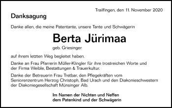 Traueranzeige von Berta Jürimaa von Alb-Bote/Metzinger-Uracher Volksblatt