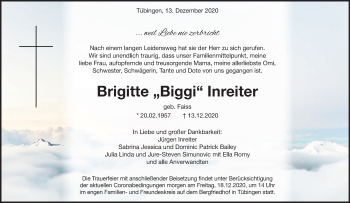 Traueranzeige von Brigitte  Inreiter von Hohenzollerische Zeitung