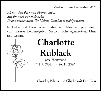 Traueranzeige von Charlotte Rublack von Haller Tagblatt