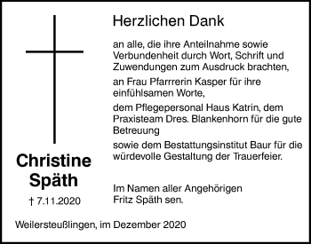 Traueranzeige von Christine Späth von Ehinger Tagblatt