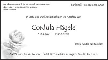 Traueranzeige von Cordula Hägele von Haller Tagblatt